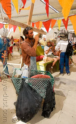burning man - homeless jesus, cafe shopping, camp center, cross, homeless, jesus christ, supermarket cart