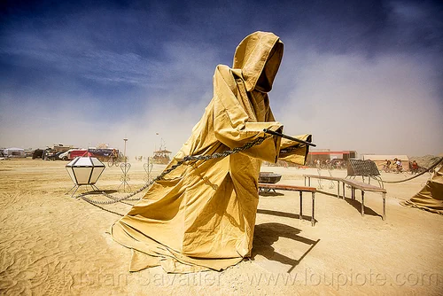 burning man - hooded figure pulling chains - well of darkness, art installation, cape, chain, hood, hooded, iron monkeys, pulling, sculpture, statue, well of darkness
