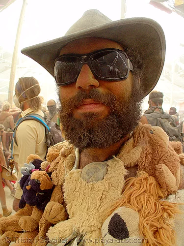 burning man - jon surdo surviving the dust storm in center camp, dust storm, hat, jon surdo, man, sunglasses, teddy bears