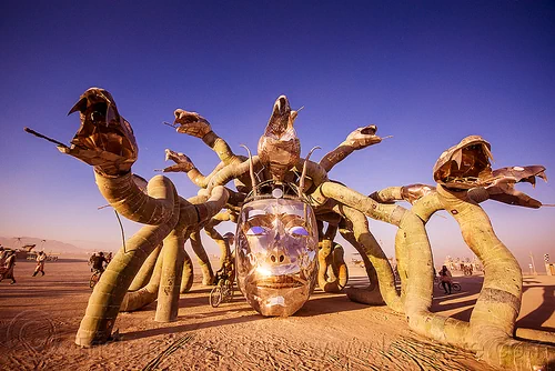 burning man - medusa and her snakes, art installation, head, kevin clark, medusa madness, sculpture, snakes, steel
