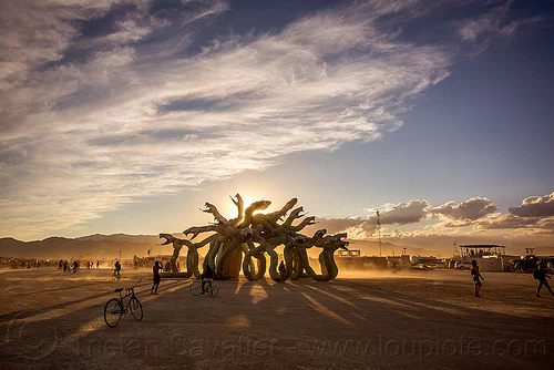 burning man - medusa at sunset, art installation, clouds, kevin clark, medusa madness, sculpture, snakes, sunset