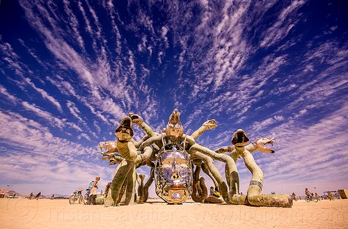 burning man - medusa madness sculpture, art installation, clouds, head, kevin clark, medusa madness, sculpture, snakes, steel