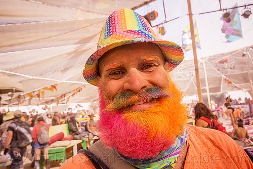 burning man - pink and orange beard, beard, colorful, man, orange, rainbow colors, rainbow hat, rainbow mustache