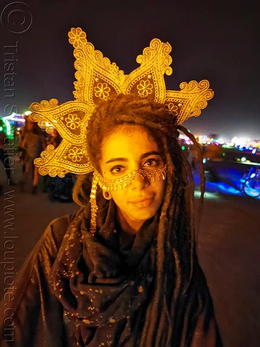 burning man - sinem with headdress, attire, burning man at night, burning man outfit, headdress, sinem, woman