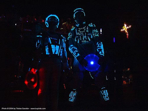 burning man - steph & gadget in their el-wire tron costumes, burning man at night, el-wire, electroluminescent wire, gadget, glowing, steph, tron