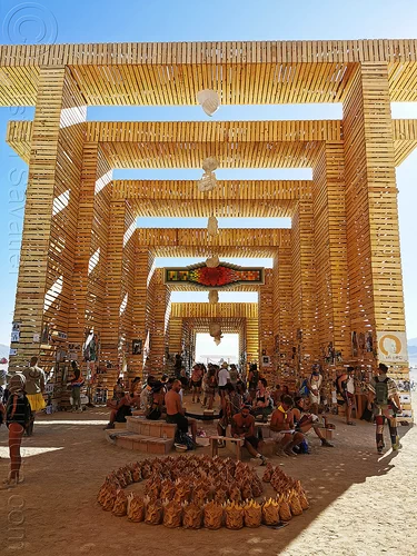 burning man - temple of direction, art installation, burning man temple, crowd, temple of direction