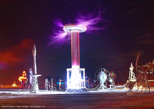 burning man - tesla coil, burning man at night, electric arc, electric discharge, electricity, high voltage, lightnings, plasma filaments, tesla coil, therm