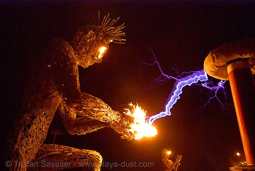 burning man - tesla coil and neela, burning man at night, electric arc, electric discharge, fire, high voltage, lightnings, plasma filaments, sculpture, static electricity, tesla coil