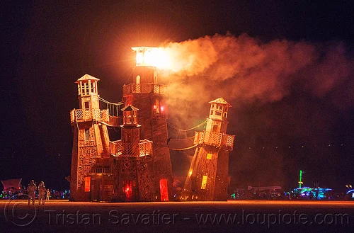 burning man - the lighthouse burning, art installation, black rock lighthouse, burning man at night, fire