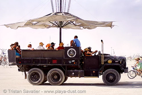 burning man - the nimby truck, 4x4 trucks, 6x6, all-terrain, army trucks, art car, burning man art cars, lorry, m35a1, military trucks, mutant vehicles, nimby, not in my back yard, parasol, truck, umbrella