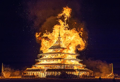 burning man - the temple burning, burning man at night, burning man temple, fire