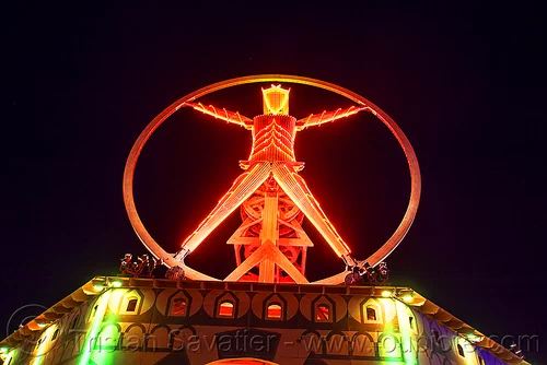 burning man - the vitruvian man at night - red neons, burning man at night, glowing, red neons, the man, vitruvian man