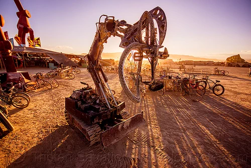 burning man - tracked hydraulic robot crushing bicycle - subjugator, bicycle, christian ristow, grapple attachment, hydraulic arm, hydraulic grapple, machine, mechanical, robot, subjugator