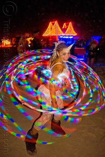 burning man - veronika - astrohoops, astrohoops, attire, burning man at night, burning man outfit, costume, hulahoop, led hoop, led light, light hoop, unicorn, veronika, woman