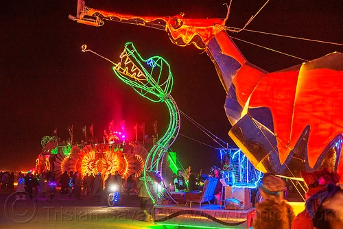 burning man - weedy sea dragon art car, art car, burning man art cars, burning man at night, glowing, gps camp, hypocampus, leafy sea dragon, mutant vehicles, seadragon, seahorse