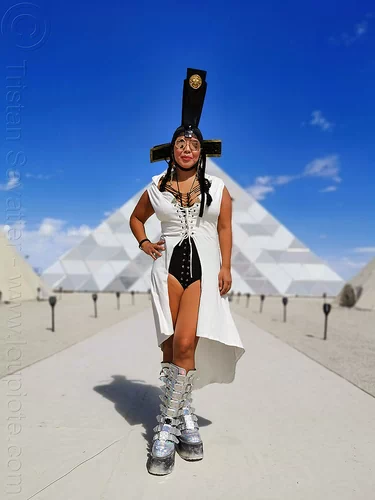 burning man - woman from mongolia - fashion show, boots, burning man attire, fashion, headdress, outfit, playalchemist, pyramid, sunglasses, woman