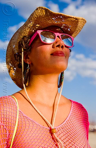 burning man - woman in pink fishnet, attire, burning man outfit, fishnet clothing, fishnet top, straw hat, sunglasses, timecycle, woman