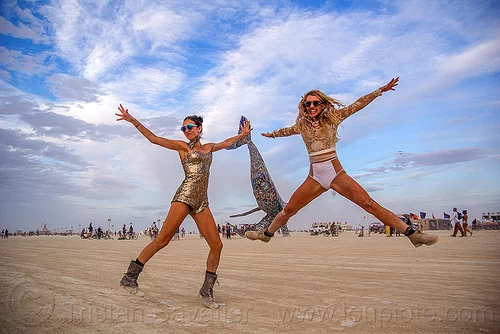 burning man - women jumping on the playa - spread eagle, jennifer, jump shot, spread eagle, women