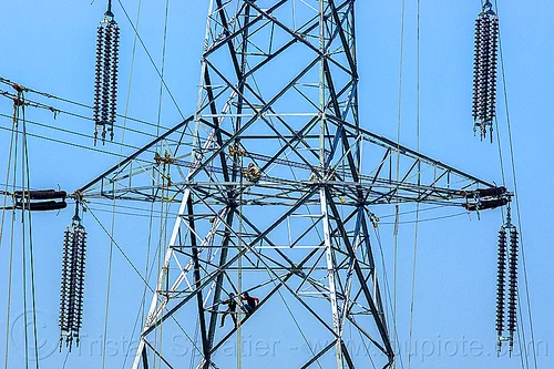 cable riggers installing power lines on transmission tower (india), cable riggers, cables, construction, electric line, electricity pylons, electricity transmission towers, high voltage, men, power line, power transmission lines, pulleys, pylon, rigging, safety harness, wires, workers