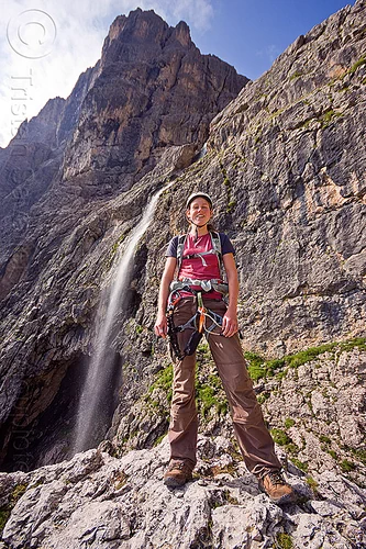 cascata pisciadù - near via ferrata tridentina (dolomites), alps, cascata pisciadù, cliff, climber, climbing harness, climbing helmet, dolomites, dolomiti, falls, ferrata tridentina, mountain climbing, mountaineer, mountaineering, mountains, pisciadu waterfall, pisciadù waterfall, rock climbing, vertical, via ferrata brigata tridentina, woman