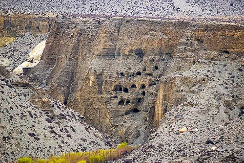 caves in cliff - himalaya mountains (nepal), annapurnas, caves, cliff, kali gandaki valley, mountains