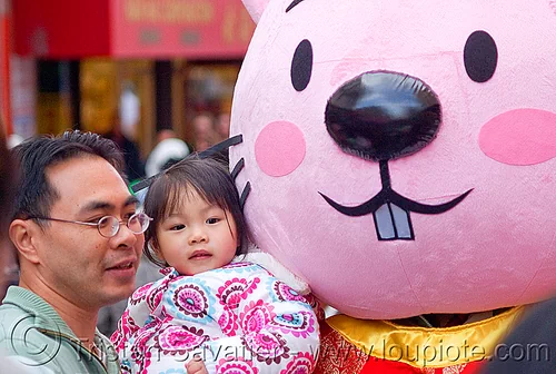chinese father and kid, cartoon character, child, chinatown, chinese new year, daughter, father, kid, little girl, lunar new year, man, pink