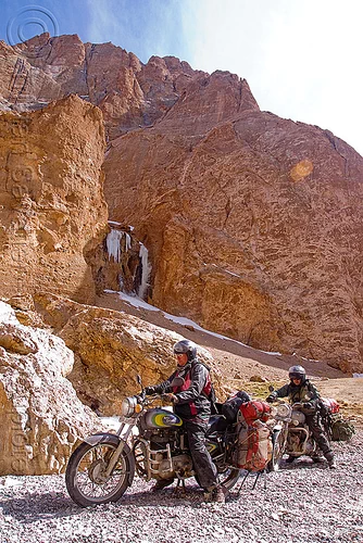 christoph and ben negotiating a difficult nullah before pang - manali to leh road (india), 350cc, ben, christoph, ladakh, motorcycle touring, motorcycles, mountain river, mountains, nullah, road, royal enfield bullet, stream
