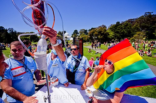 ciccio - italian paramedics - bay to breaker 2012 (san francisco), bay to breakers, ciccio, doctors, footrace, golden gate park, intravenous, iv, medics, men, paramedics, patient, rainbow colors, rainbow costume, street party, woman