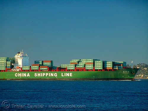 container ship - china shipping line, blue, boat, box ship, cargo ship, china shipping line, chinese, container ship, containers, ocean, red, sea