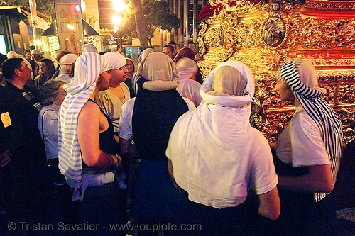 costaleros - hermandad de la resurrección - semana santa en sevilla, candles, costal, costaleros, easter, float, headwear, hermandad de la resurrección, night, paso de cristo, sacred art, semana santa, sevilla