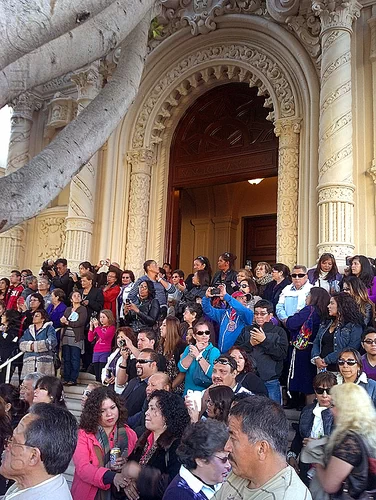 crowd on the steps of mission dolores church (san francisco), church, crowd, lord of miracles, mission dolores, mission san francisco de asís, parade, peruvians, señor de los milagros, steps, vault