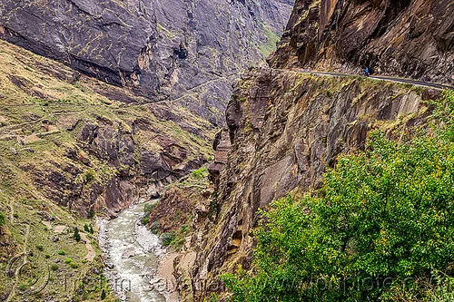 dangerous mountain road on vertical cliff (india), cliff, dhauliganga river, dhauliganga valley, motorcycle touring, mountain river, mountains, road, rock