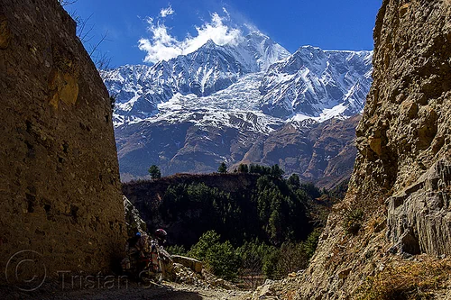 dhaulagiri peak and its glacier (nepal), annapurnas, cliff, cloud, dhaulagiri, dirt road, forest, glacier, house, kali gandaki valley, landscape, motorcycle touring, mountain road, mountains, peak, snow, unpaved