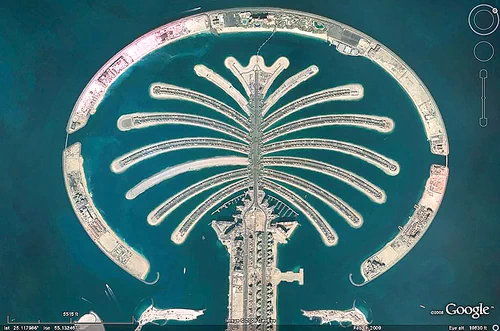 dubai palm islands aerial - google earth, aerial photo, artificial island, city, cityscape, dubai world, emirates, google earth, man-made island, marina, nakheel properties, palm islands, palm jumeirah, planned development, satellite photo, uae, urban development, urban planning