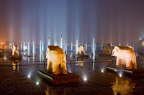 elephant statues - column rows - ambedkar park - lucknow (india), ambedkar memorial, ambedkar park, architecture, columns, elephant sculptures, elephant statues, elephants, lucknow, monument, night, pratibimb sthal