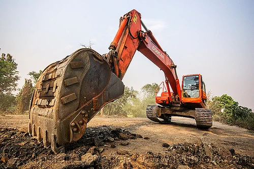 excavator scraping off old asphalt - doosan dx225lc (india), alphalt, asphalt removal, at work, bucket attachment, demolition, doosan excavator, dx225lc, excavator bucket, old asphalt, old bitumen, old macadam, pavement, ripping up, road construction, roadwork, scraping off, west bengal, working