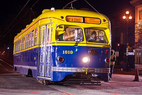 f-market line historical tram car 1010, 1010, 1948, f-line, f-market, light rail, magic carpets, man, muni, ntk, railroad construction, railroad tracks, railway tracks, san francisco municipal railway, streetcar, test train, track maintenance, track work, tram, tramway