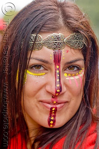 face paint - etched metal leaves headdress, andis, bay to breakers, costume, etched, face painting, facepaint, footrace, headdress, makeup, metal leaves, red, silver, street party, woman