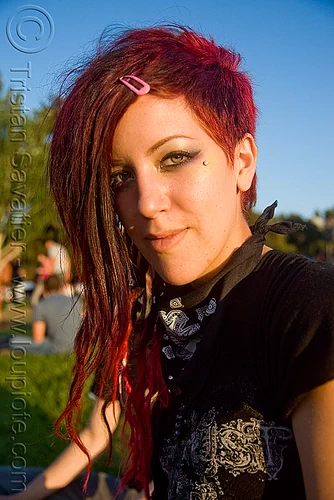 fashion shot - lux, bandana, esthetic suicide, fashion, green eyed, green eyes, hair clip, red hair, woman