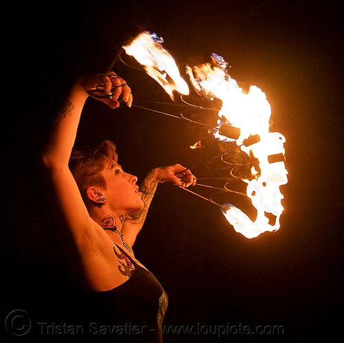fire fans (san francisco) - fire dancer - leah, fire dancer, fire dancing, fire fans, fire performer, fire spinning, leah, night, spinning fire, tattooed, tattoos, woman
