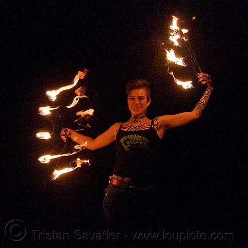 fire fans (san francisco) - fire dancer - leah, fire dancer, fire dancing, fire fans, fire performer, fire spinning, leah, night, spinning fire, tattooed, tattoos, woman