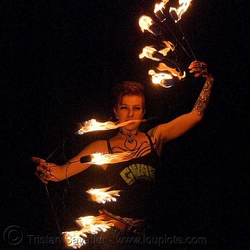 fire fans (san francisco) - fire dancer - leah, fire dancer, fire dancing, fire fans, fire performer, fire spinning, leah, night, spinning fire, tattooed, tattoos, woman