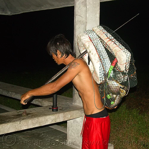 fisherman with catch and speargun, arm tattoo, borneo, fish hunting, fisherman, fishes, kelambu beach, malaysia, man, night, snorkeling, speargun, stryrofoam, tattooed, tattoos, tiger head tattoo