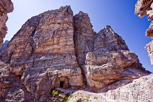 galeria paterno entrance - monte paterno via ferrata, alps, climber, dolomites, entrance, entry, galeria paterno, military tunnel, monte paterno, mountain climbing, mountaineer, mountaineering, mountains, parco naturale dolomiti di sesto, rock climbing, via ferrata, war tunnel, woman
