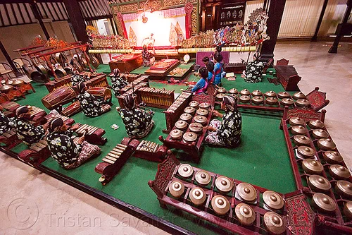 gamelan ensemble orchestra - yogyakarta (java), drums, gamelan ensemble, gongs, karawitan, kendang, men, metallophones, music, musical, orchestra, percussion, players, playing, shadow play, shadow puppet theatre, shadow puppetry, shadow puppets, shadow theatre, sitting, wayang kulit, women, xylophones