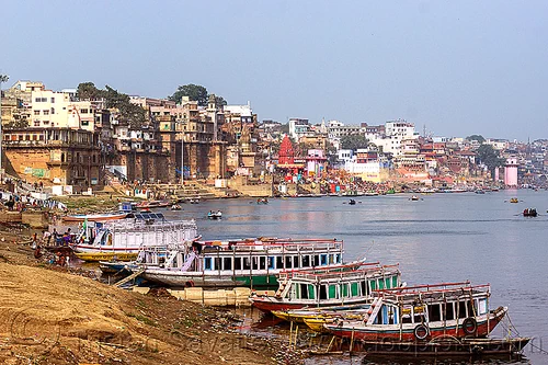 ghats of varanasi along the ganges river (india), buildings, ganga, ganges river, ghats, landscape, mooring, river bank, river boats, rowing boats, sailing, small boats, varanasi