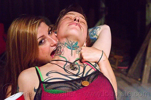 girl biting girl's neck (san francisco), biting, leah, neck, night, tattooed, tattoos, women