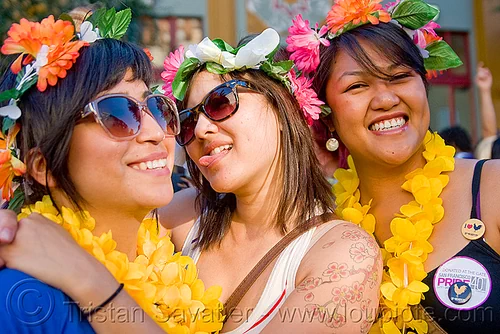 girls with flower headdresses, flowers, gay pride festival, headdress, headdresses, women