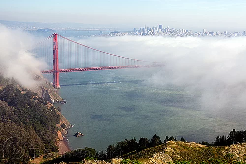 golden gate bridge and san francisco bay in the fog, buildings, city, fog, golden gate bridge, landscape, ocean, san francisco bay, sea, seashore, suspension bridge