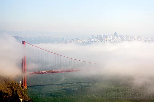 golden gate bridge and san francisco city in the fog, buildings, city, fog, golden gate bridge, ocean, san francisco bay, sea, seashore, suspension bridge